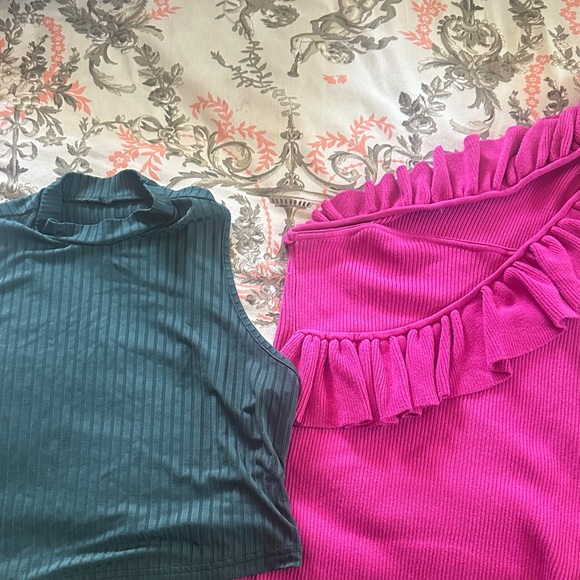 Tops - Teal Ribbed Crop Top & Hot Pink Ruffle Ribbed Top - Bright Color Duo